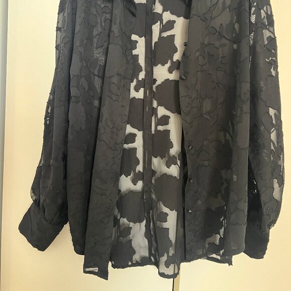 Black Sheer Button Down Floral Blouse Dress Shirt Large - Picture 5 of 10